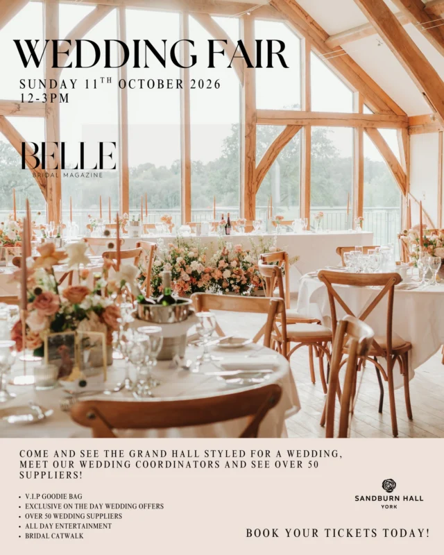 Recently engaged? In full wedding planning mode? We’ve got your Sunday sorted! 👀💍

Join us at Sandburn Hall on Sunday 11th October for the @bellebridalmagazine Wedding Fair!

Meet over 50 wedding suppliers, catch the bridal catwalk, enjoy all-day entertainment and exclusive offers, and see our Grand Hall beautifully styled for a wedding 🤍

📅 Sunday 11th October 
⏰ 12–3pm 
📍 Sandburn Hall

Book your tickets today! 
👉 

#sandburnhall #weddingfair #weddingvenue #yorkshirewedding #weddingsuppliers